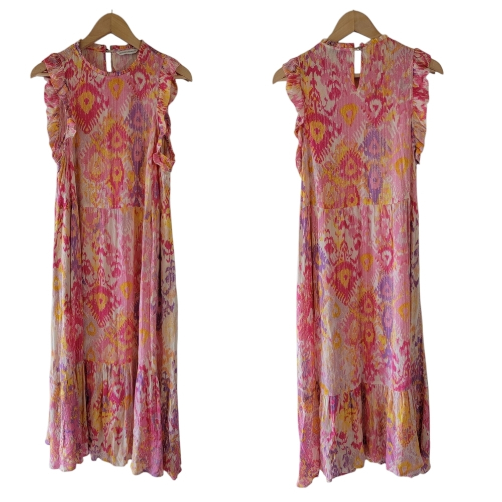 Canyon Retreat Pink Purple Midi Dress M Tiered Ruffle Sleeve Cottagecore Resort